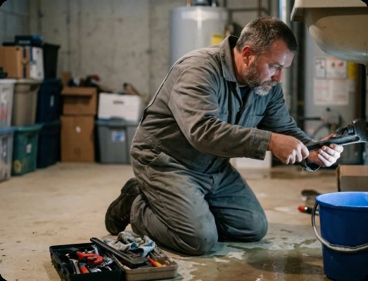 Plumber repairing basement pipes in a Richmond Hill home