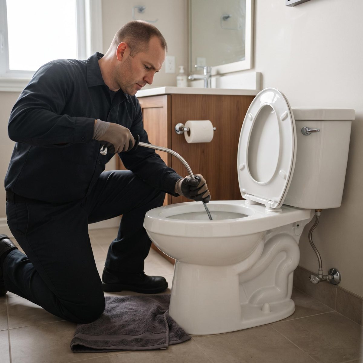Plumber using a toilet auger to clear a clogged toilet
