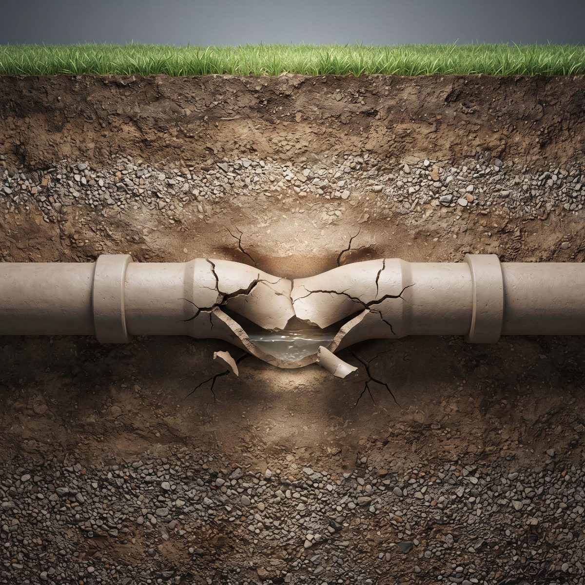 Underground sewer pipe partially collapsed and cracked under soil