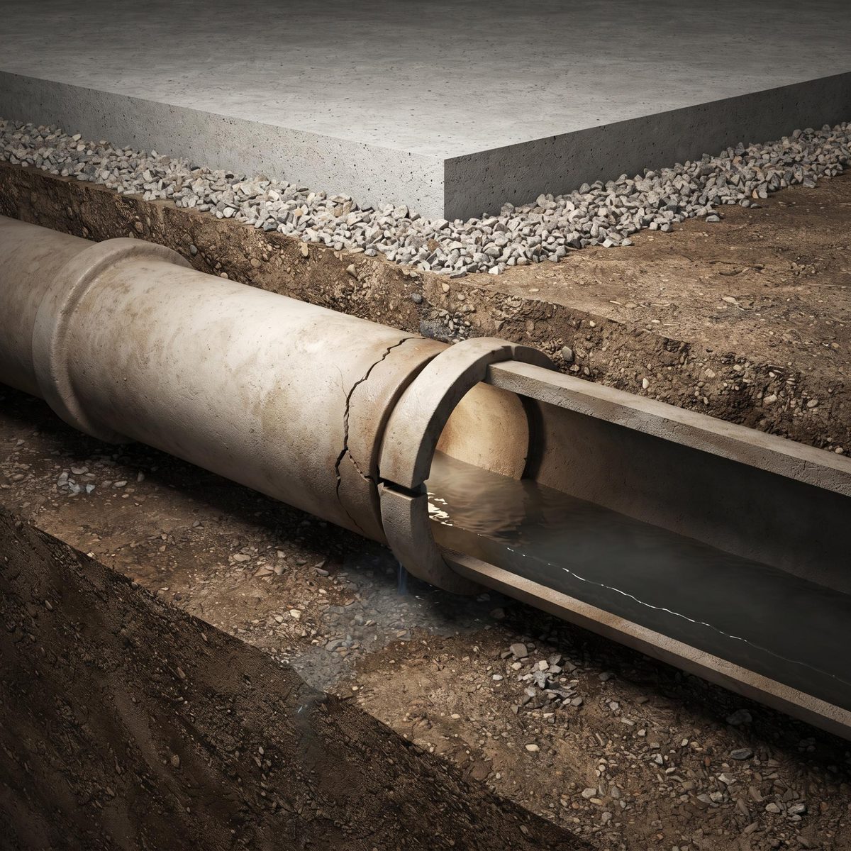 Cutaway of a cracked and separated sewer pipe joint beneath a concrete slab