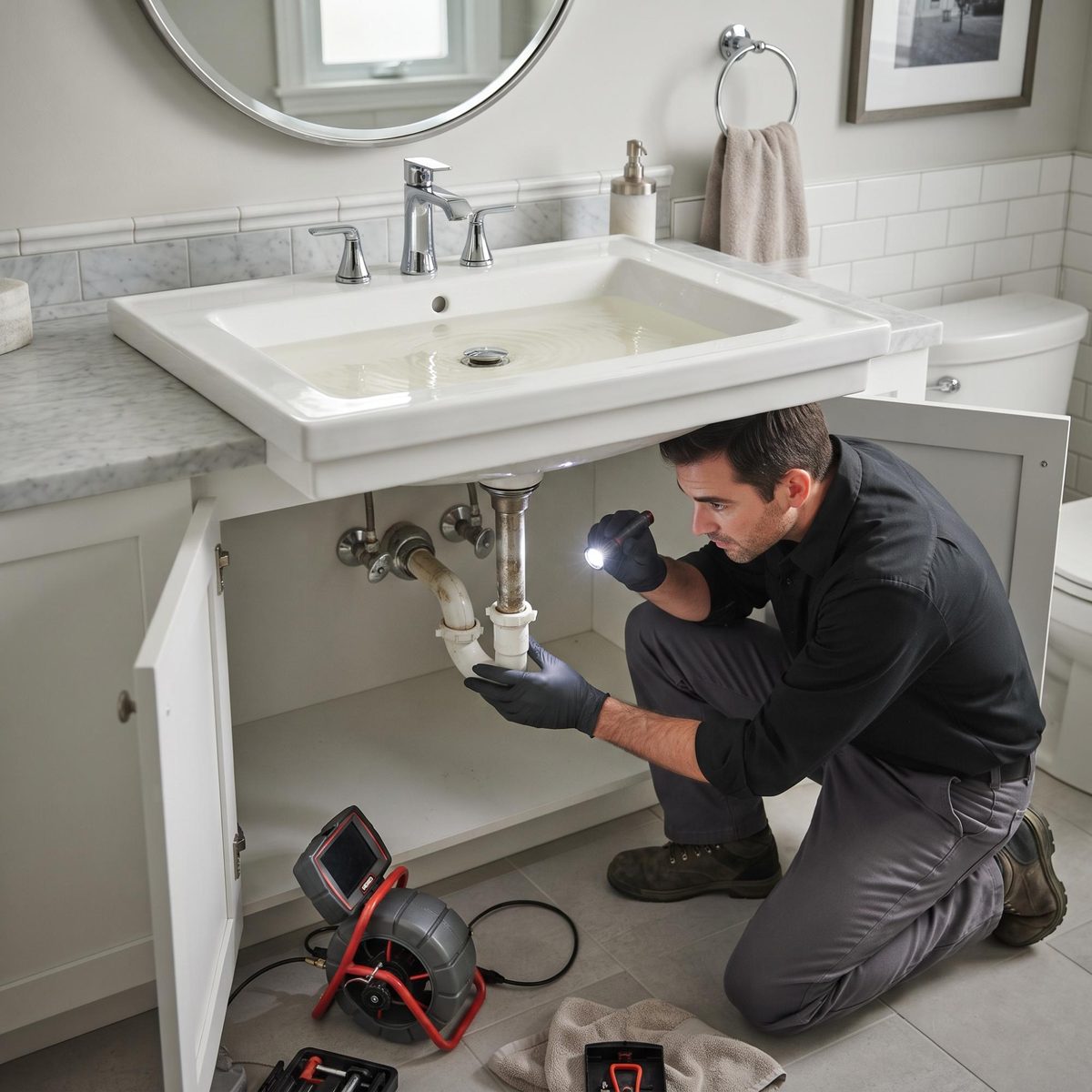 Plumber inspecting a slow bathroom sink drain with a drain camera reel beside him