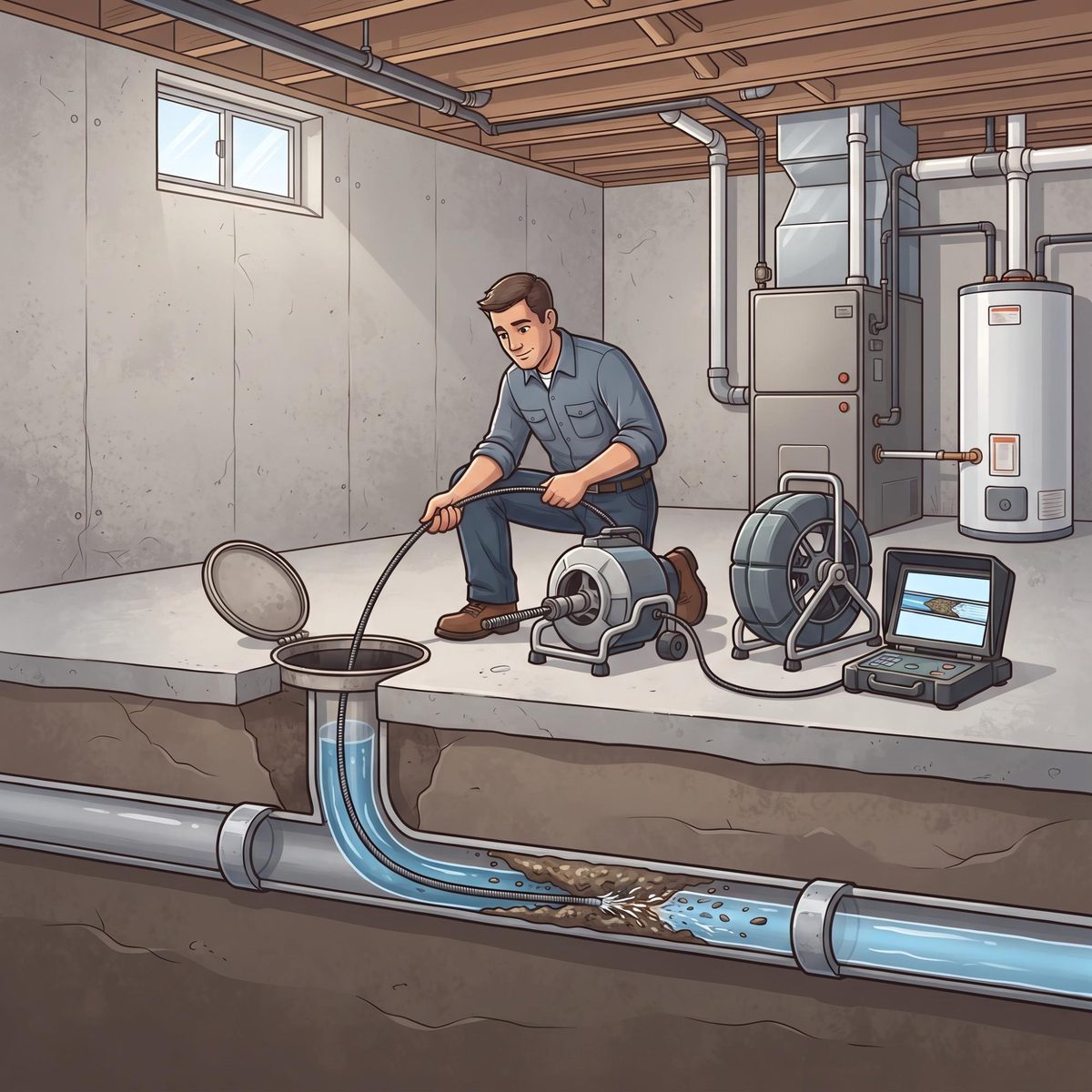 Plumber running a drain cleaning machine through a basement floor drain with the camera monitor beside him