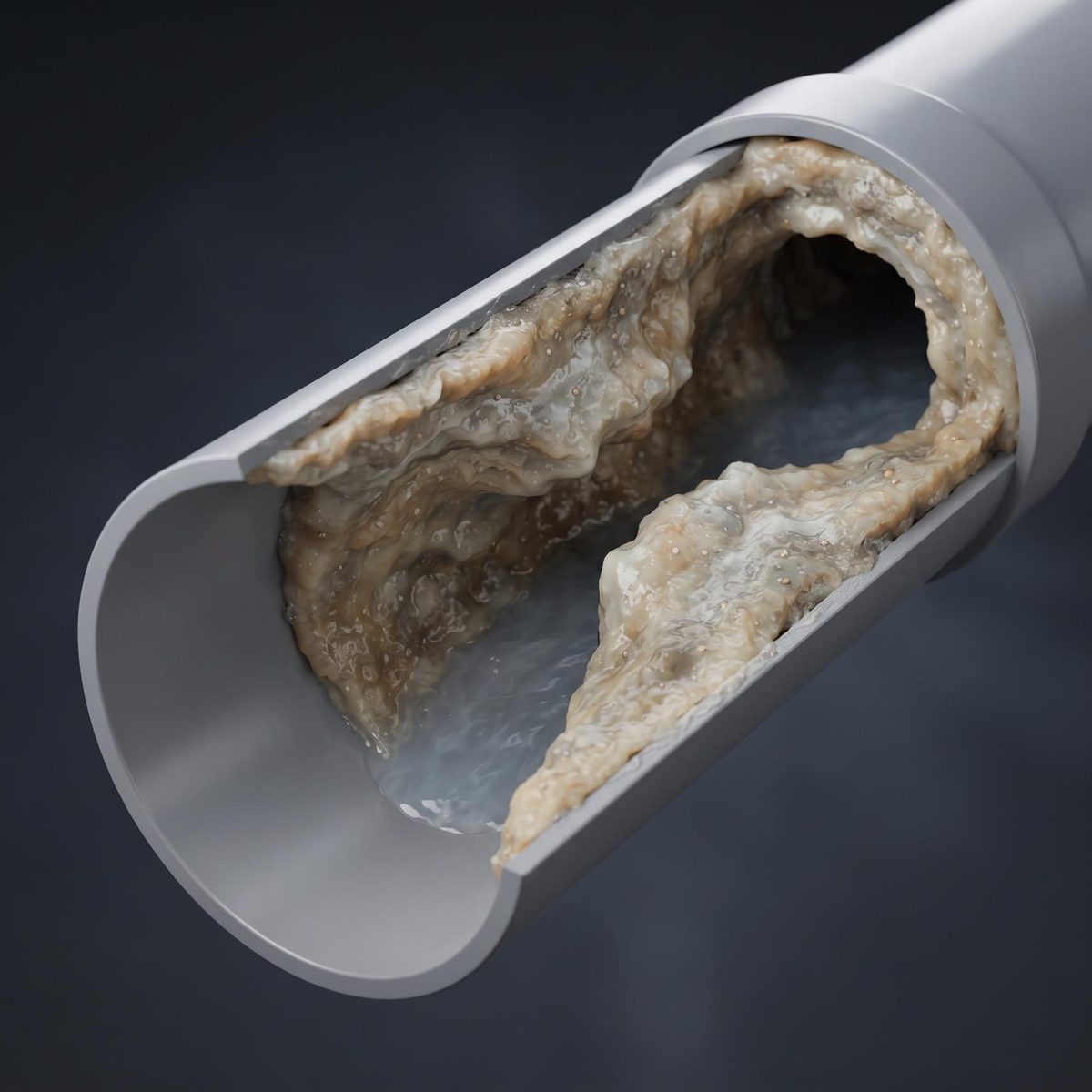 Cutaway of a drain pipe narrowed by thick grease and debris buildup