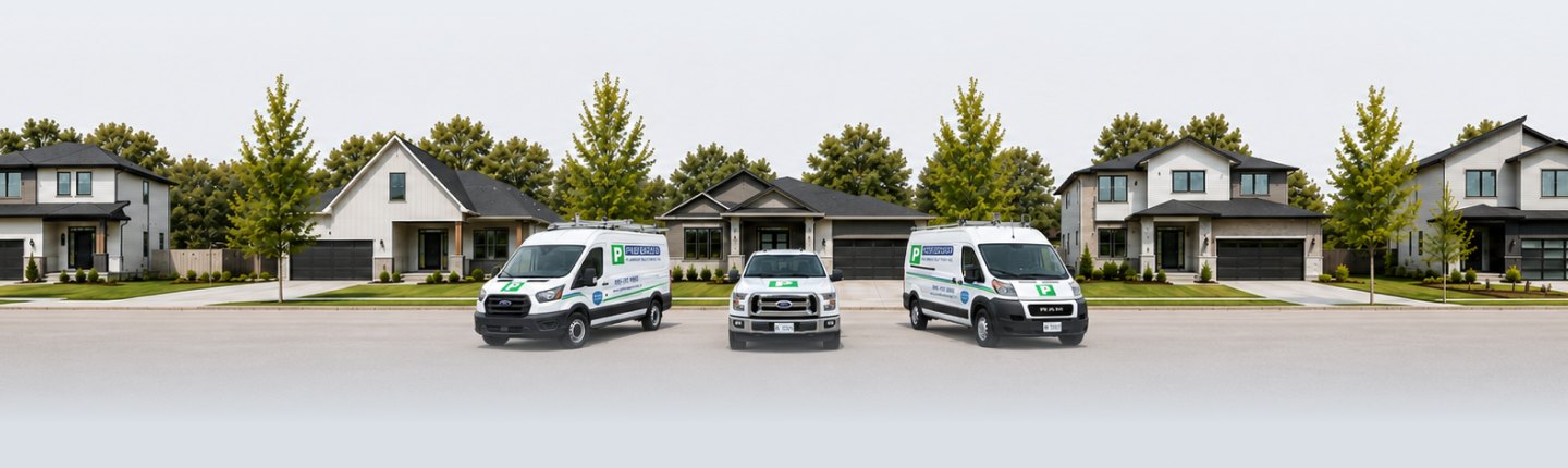 Preferred Plumbing service vans parked on a residential street