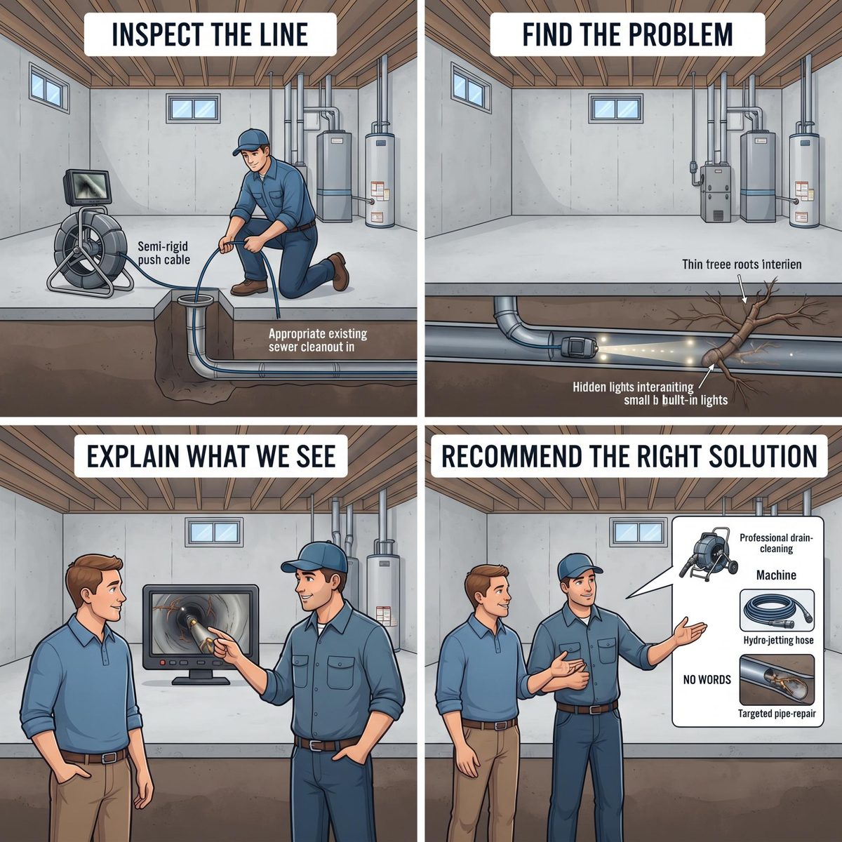 Four steps of a drain camera inspection: inspect the line, find the problem, explain what we see, recommend the right solution