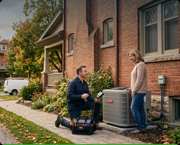 HVAC technician servicing an air conditioner outside a Niagara home
