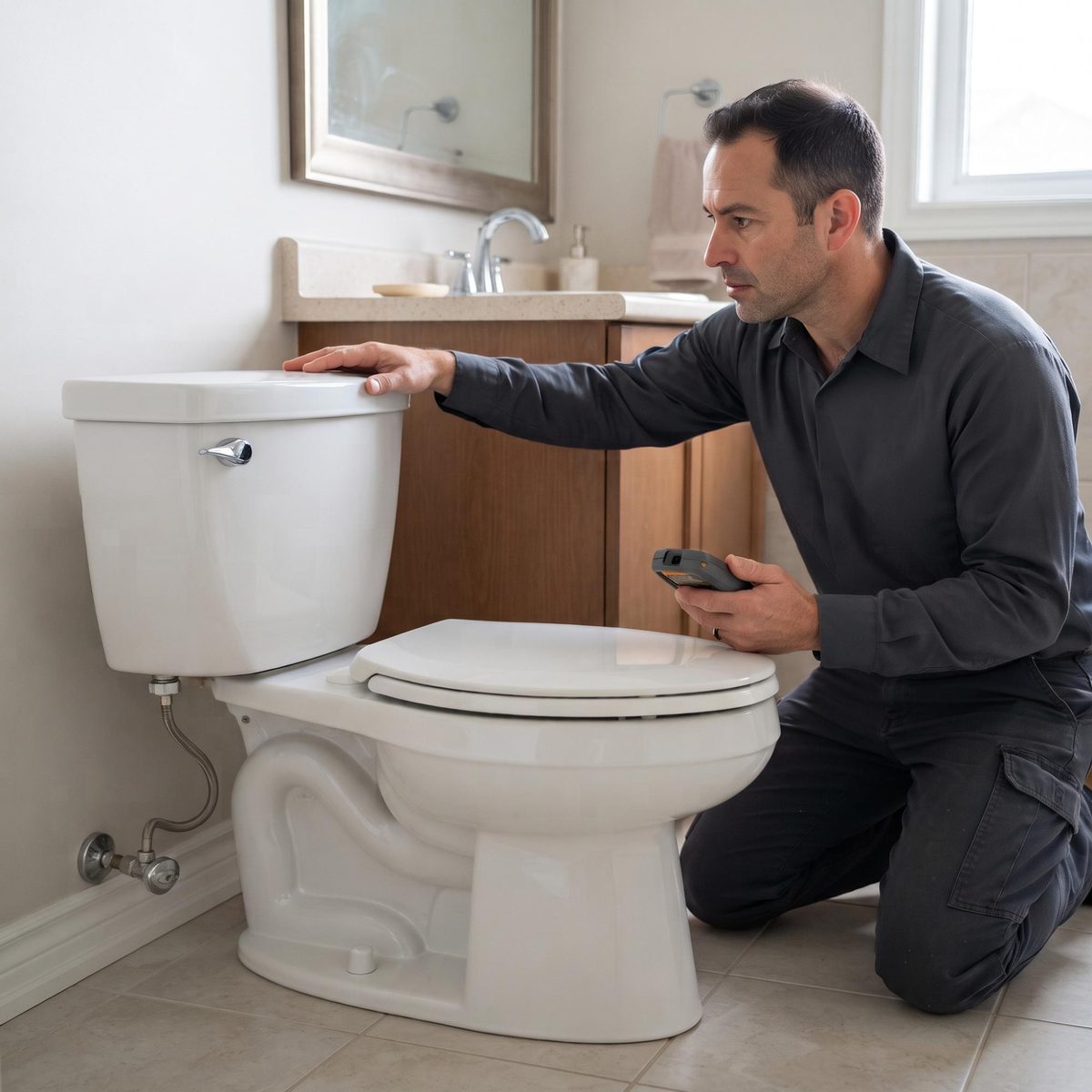 Technician checking a toilet tank for leaks with a moisture meter