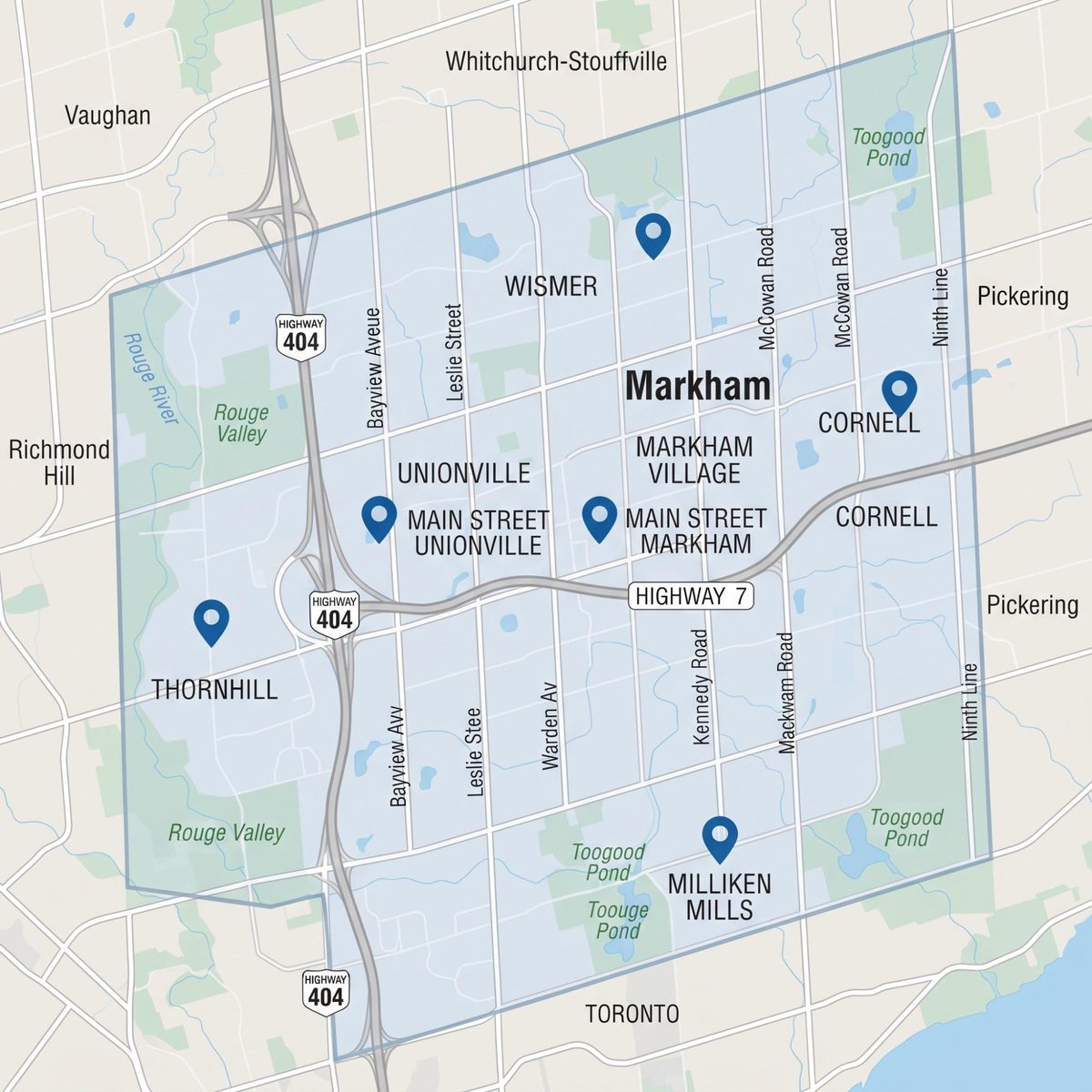 Map of Markham showing Wismer, Unionville, Main Street Unionville, Main Street Markham, Markham Village, Cornell, Thornhill and Milliken Mills between Highway 404 and Highway 7
