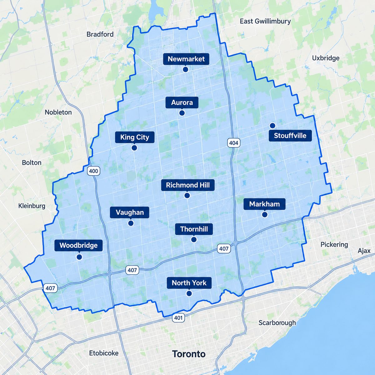 Map of Preferred Plumbing's York Region service area: Markham, Richmond Hill, Vaughan, Thornhill, Aurora, King City, Stouffville, Newmarket, North York and Woodbridge