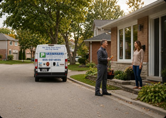Plumber talking with a homeowner outside a Niagara home