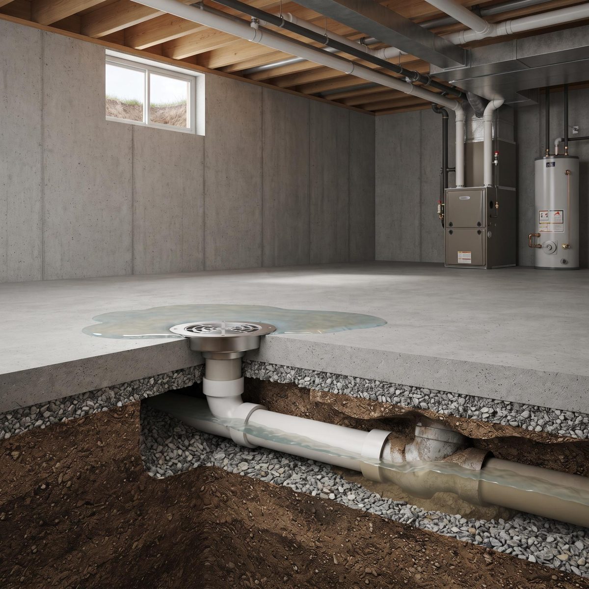 Water pooling around a basement floor drain with a restricted drain line below the slab