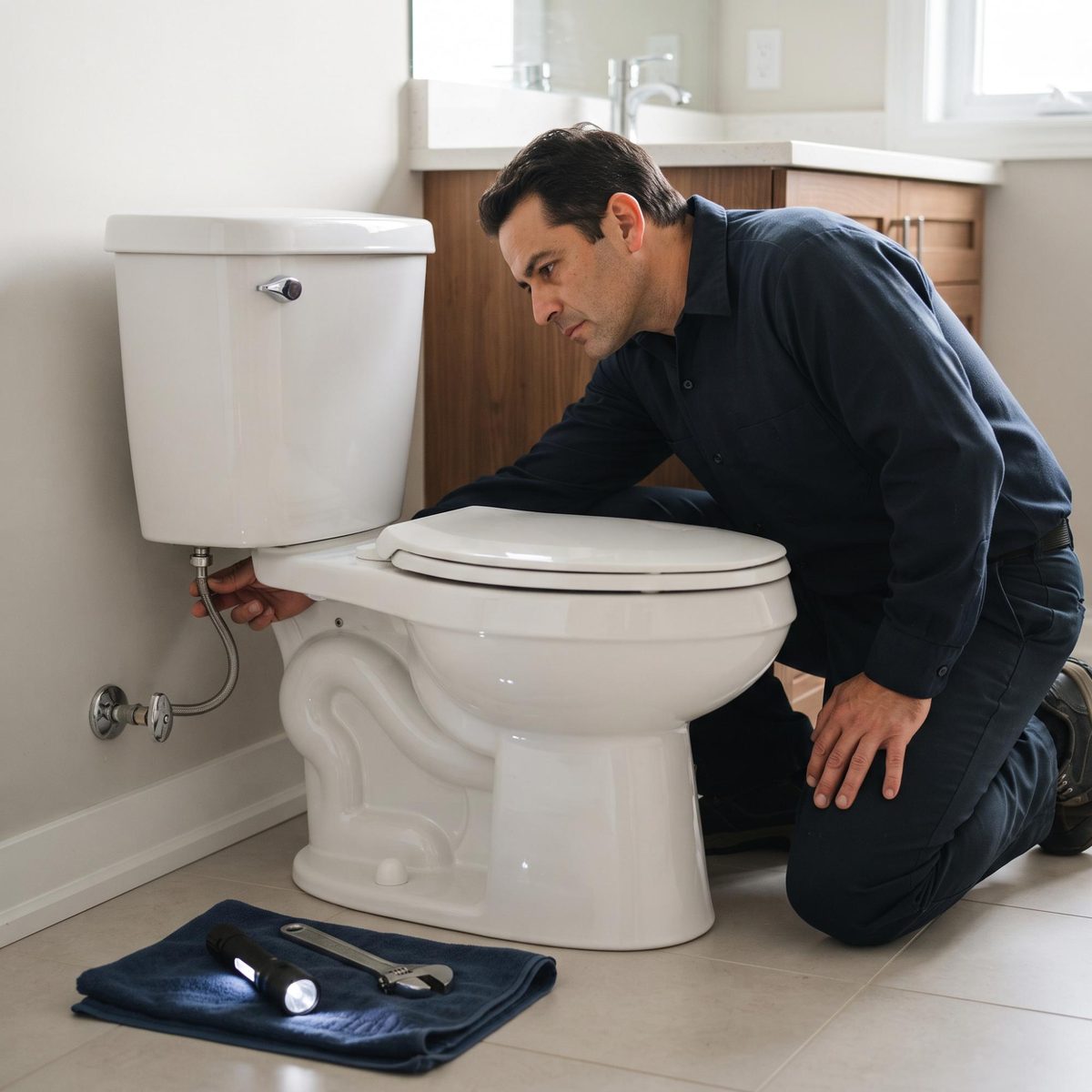 Plumber using a flashlight to inspect a running toilet in a Markham home