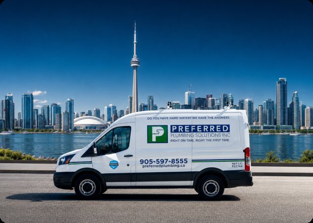 Preferred Plumbing service van with the Toronto skyline