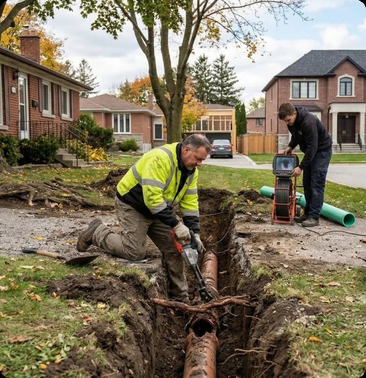 Plumbers excavating a sewer line on a Richmond Hill street