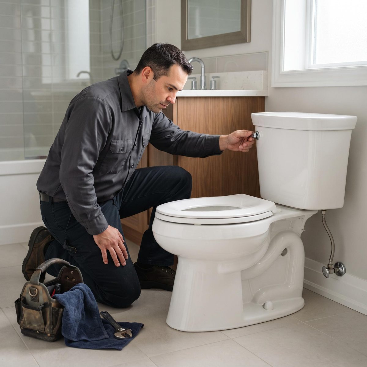Plumber testing a toilet flush handle during a flush repair