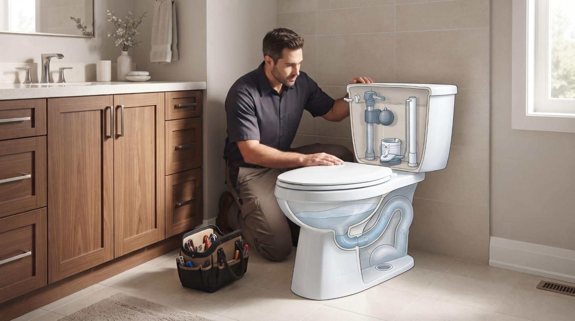 Plumber inspecting the inside of a toilet tank and trapway during an emergency toilet repair