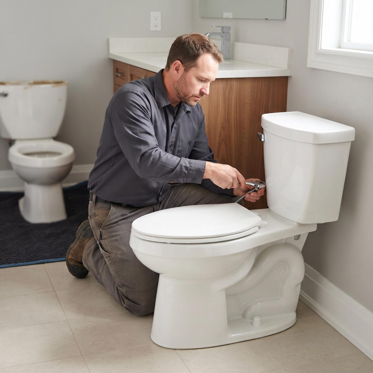 Plumber installing a new low-flow toilet with the old fixture removed in the background