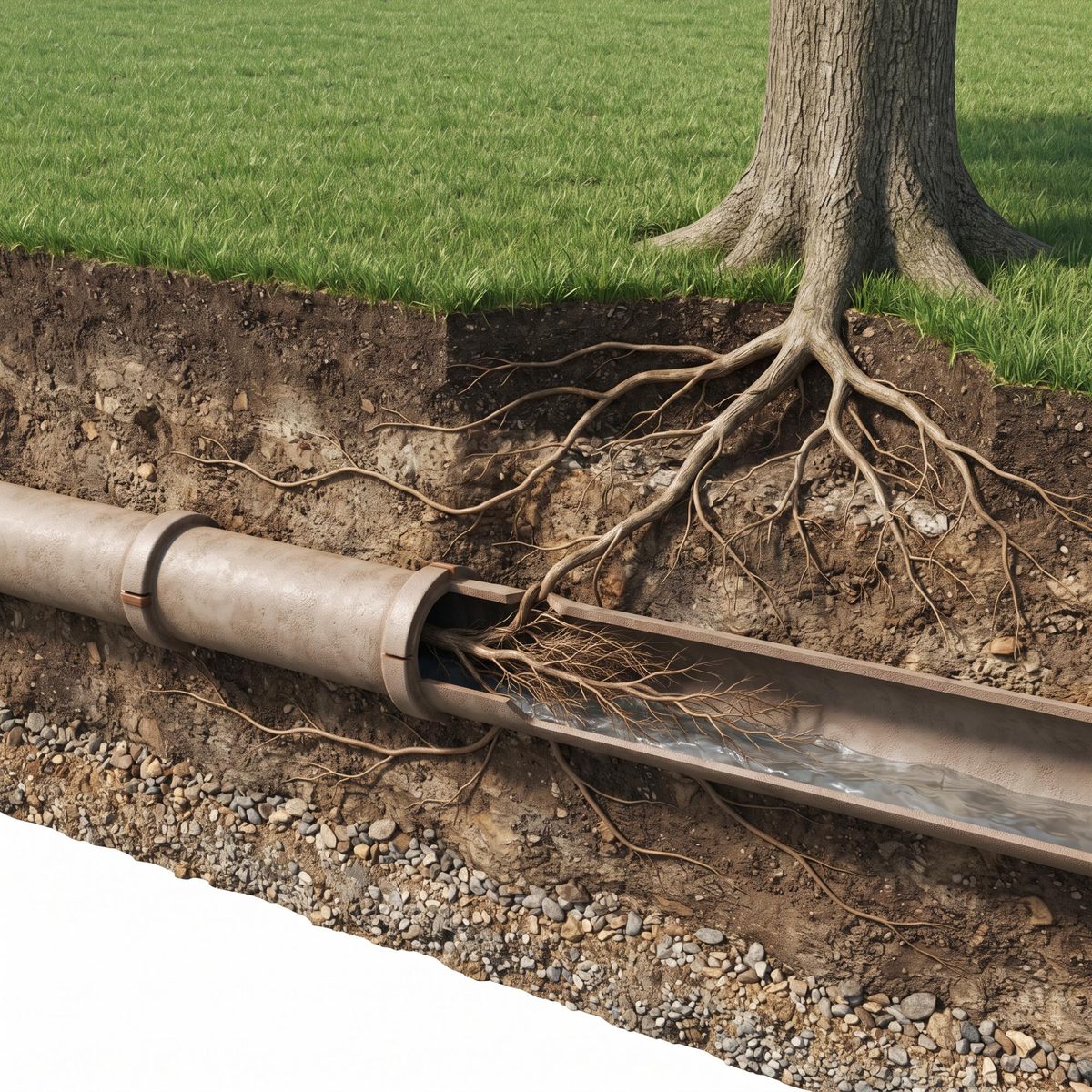 Tree roots growing into a sewer line through a weak joint